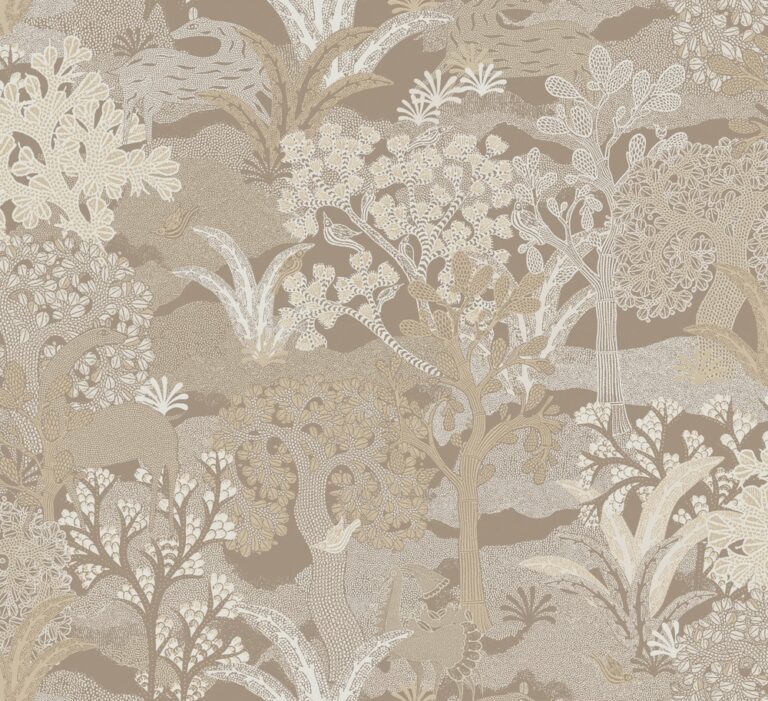 Beige wallpaper with a forest pattern
