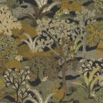 Black wallpaper with a forest and bird pattern