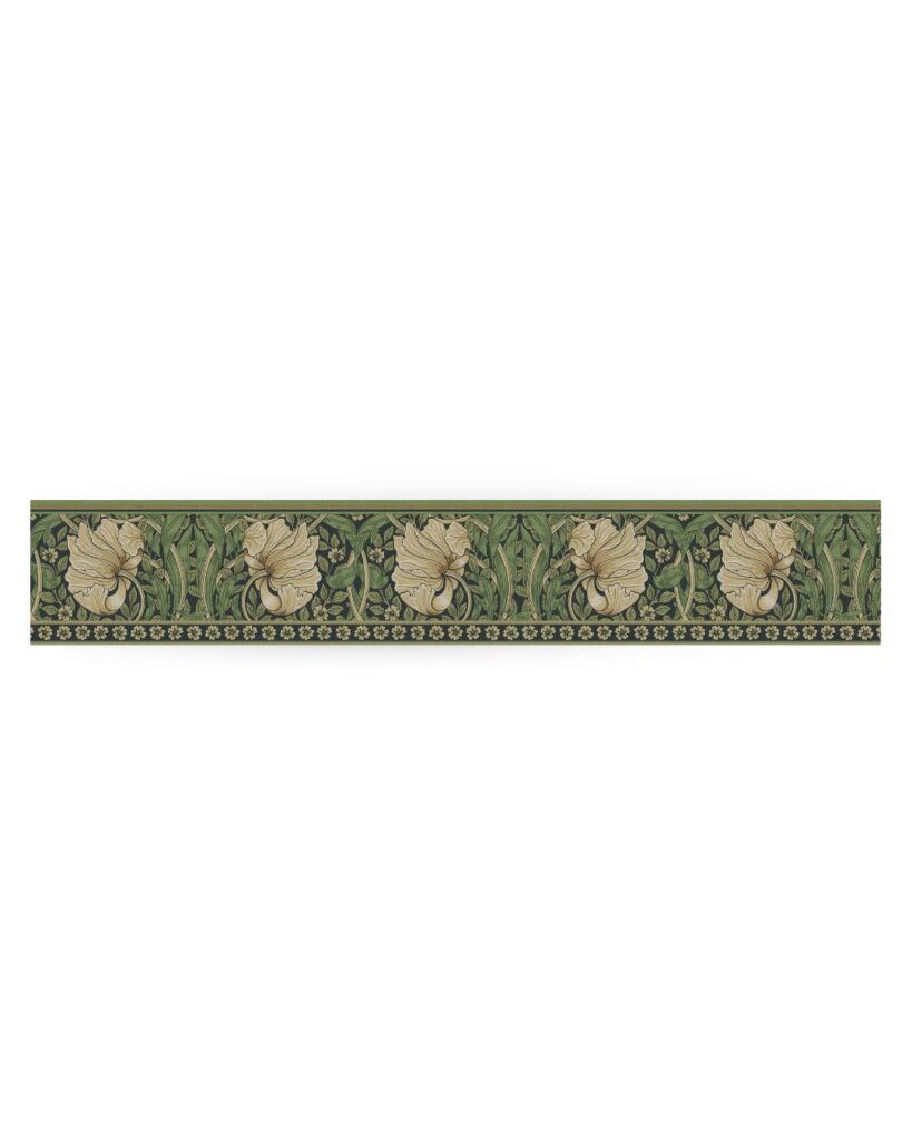 Black and Green Wallpaper with Floral, Leaf, and Border Patterns
