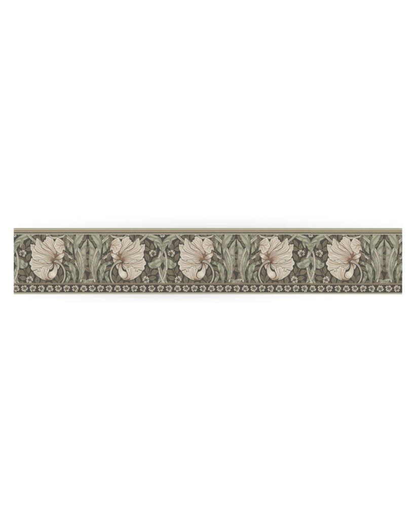 Green, Brown Wallpaper with Border, Floral, Leaf Pattern