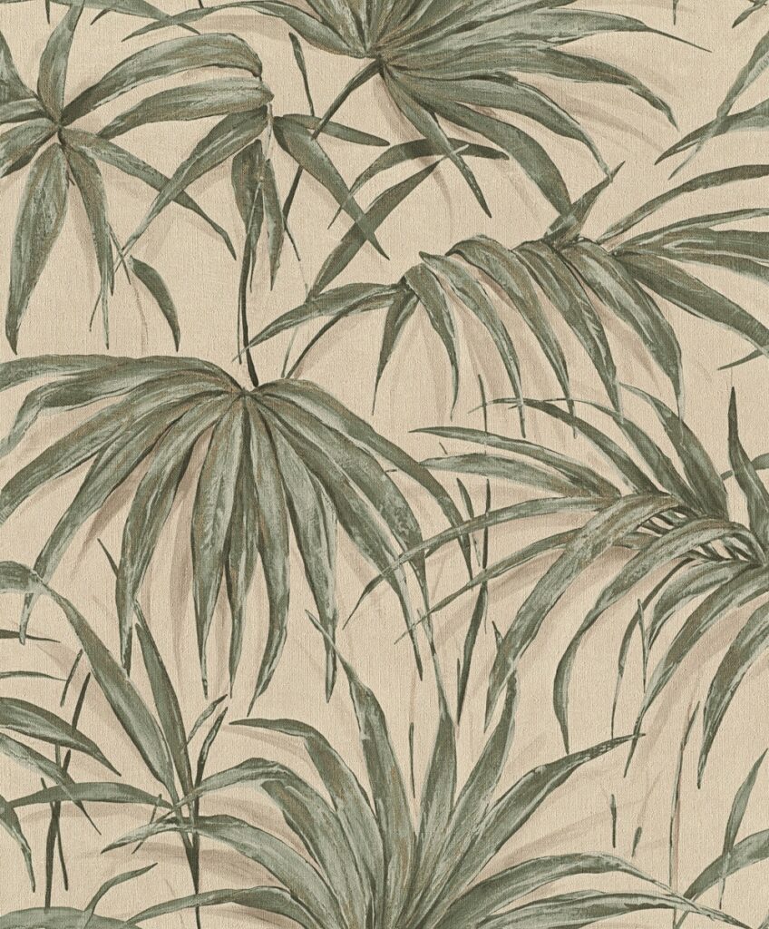 Green, Beige Wallpaper with a Leaf Pattern
