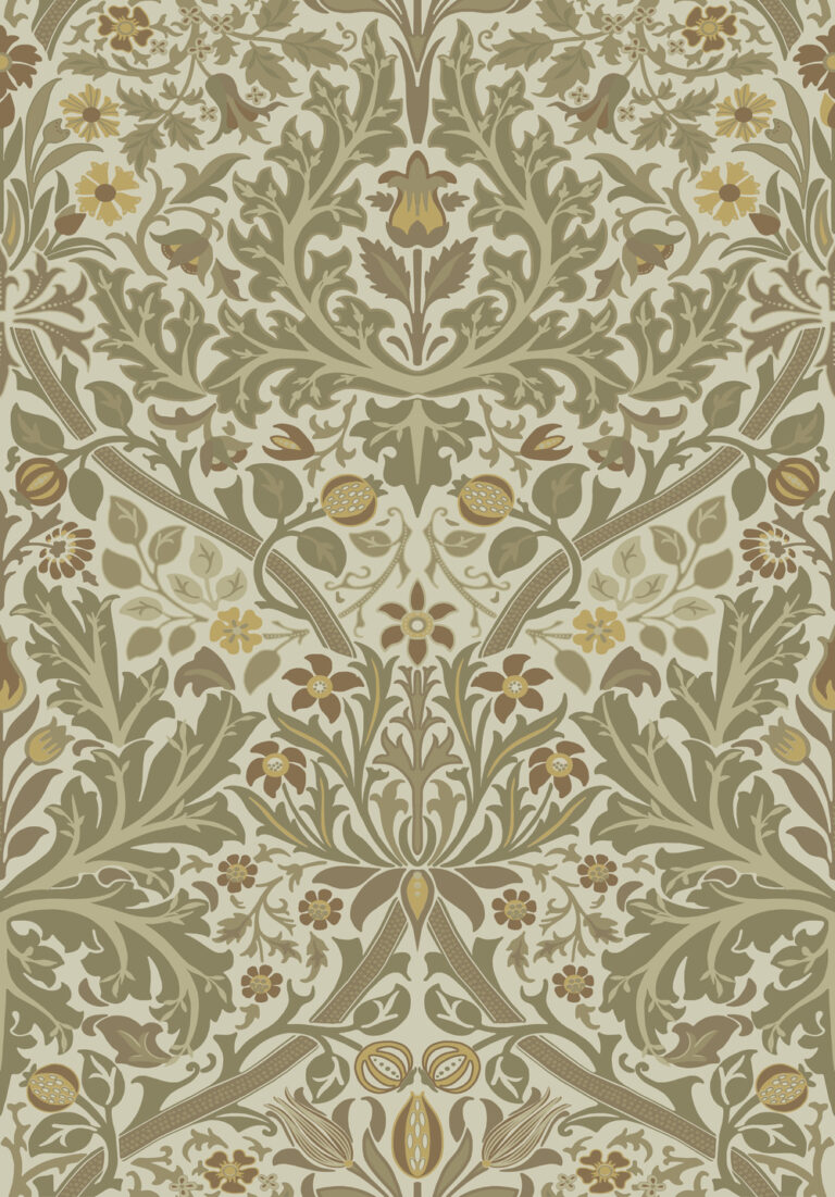 Beige, Green wallpaper with leaf, floral, and medallion/trellis patterns