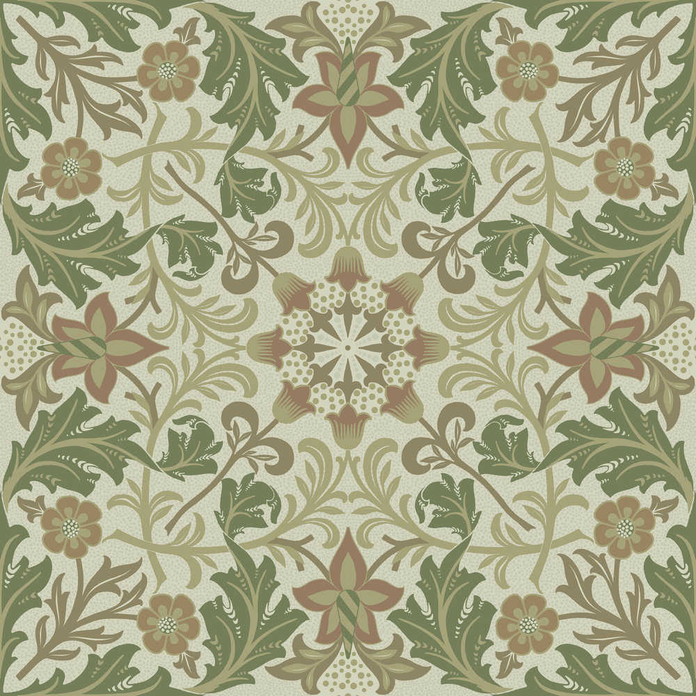 Beige, Grön tapet med Blommigt, Blad mönster