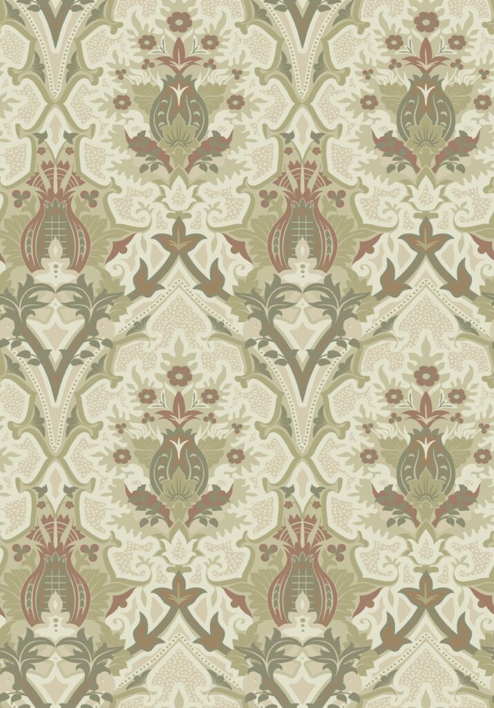 Beige, Grön tapet med Bård, Blommigt, Medaljong/Trellis mönster