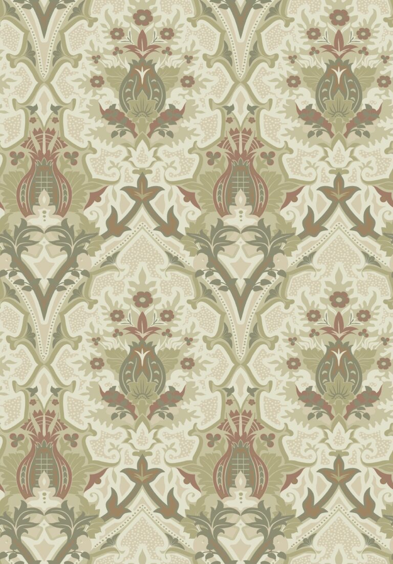 Beige, Green wallpaper with border, Floral, Medallion/Trellis pattern