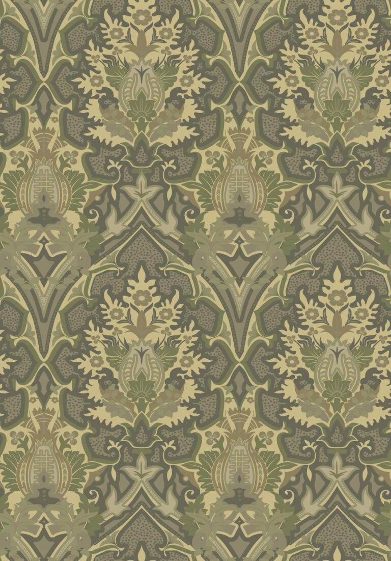 Gray, Yellow Wallpaper with Floral, Leaf, Medallion/Trellis Patterns