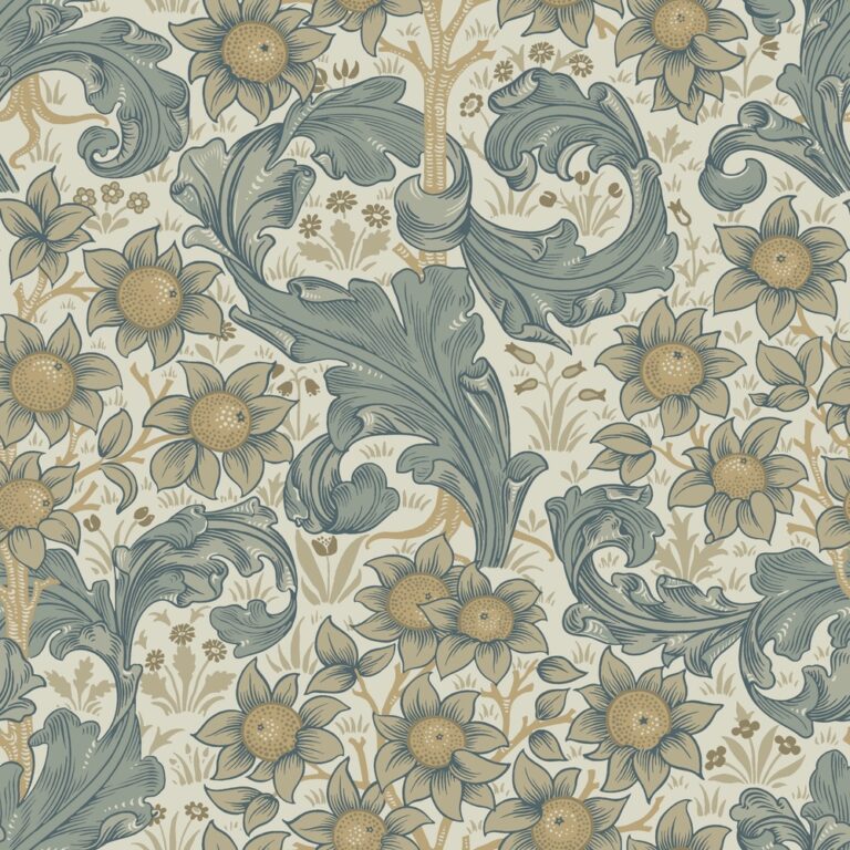 Beige, Blå tapet med Blommigt, Blad mönster