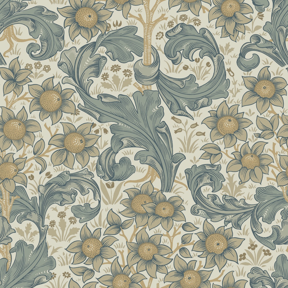 Beige, Blue wallpaper with floral and leaf patterns