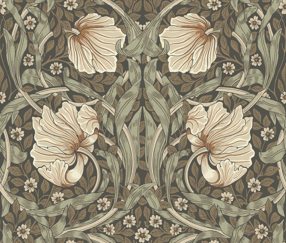 Green, Gray wallpaper with floral and leaf patterns