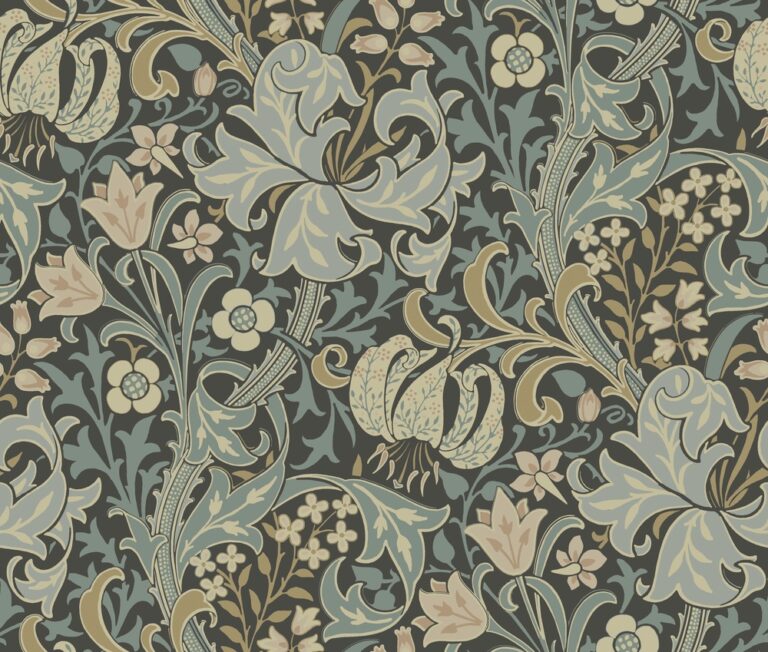 Blue wallpaper with a floral and leaf pattern
